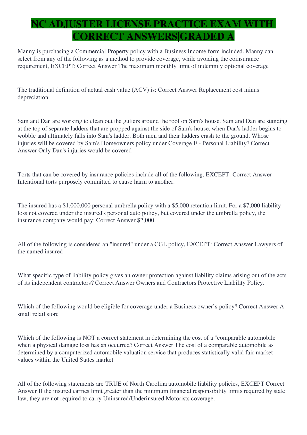 Preview image for NC ADJUSTER LICENSE PRACTICE EXAM WITH CORRECT ANSWERS|GRADED A